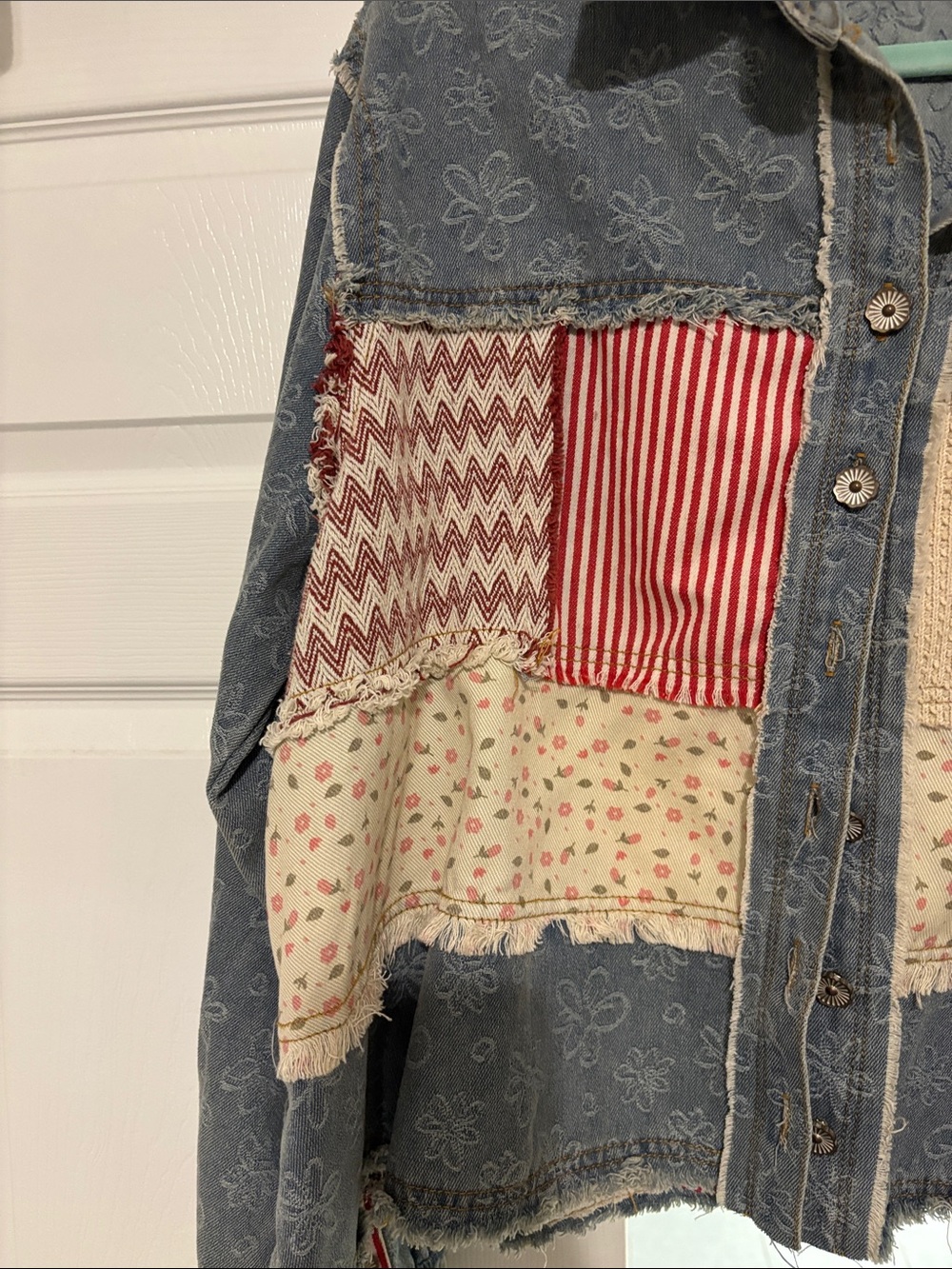 Boho Patchwork Denim Jacket - Floral & Stripe Panels - Picture 2 of 6